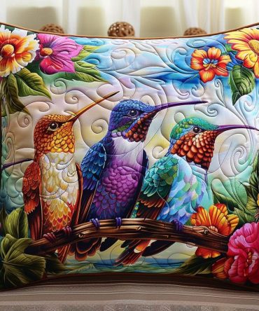 Cheerful Birdsong Quilted Pillow Cover - Bright Decorative Pillow Sham, Soft Cotton Texture, Floral & Aviary Accent For Home Or Patio