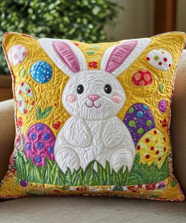 Cheerful Bunny Quilted Throw Pillow Cover — Soft Textured Accent For Living Room & Kids Room, Machine Washable Cotton Blend, Hidden Zip Closure