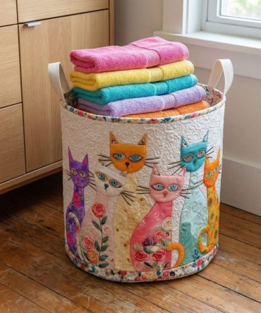 Cheerful Cat Patch Quilted Hamper — Playful Patchwork Cat-Print Foldable Laundry Basket With Handles For Kids’ Rooms & Pet Lovers