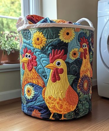 Cheerful Chicken Farmhouse Quilted Laundry Hamper — Foldable Cute Chicken Print Laundry Basket With Handles For Nursery & Home