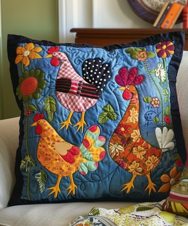 Cheerful Chicken Quilted Pillow Cover — Happy Hen & Rooster Cushion Case, Quilted Throw Accent For Cozy Farmhouse Living Spaces