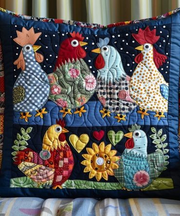 Cheery Chicken Quilted Throw Pillow Cover — Playful Farmhouse Design, Soft Cotton Blend, Reversible And Machine-Friendly