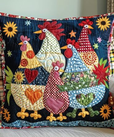 Cheerful Chicken Quilted Throw Pillow Cover – Bright Country Cushion Case, Soft Cotton-Blend Accent For Sofa & Bedroom