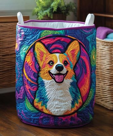 Cheerful Corgi Quilted Laundry Organizer — Large Foldable Hamper, Soft Cotton-Blend, Durable Carry Handles, Playful Accent