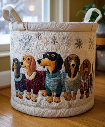 Cheerful Dachshunds Quilted Laundry Hamper — Cute Dog Print Fabric Basket With Handles, Collapsible & Machine-Washable Interior