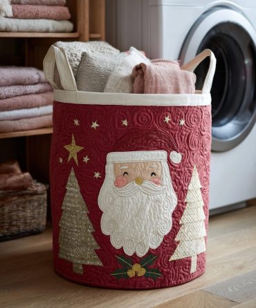 Cheerful Santa Quilted Laundry Hamper — Holiday-Themed Foldable Laundry Basket With Handles For Stylish Seasonal Storage