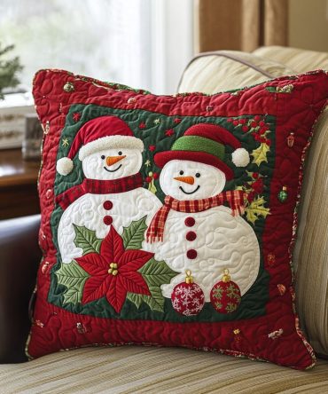 Cheerful Snowman Quilted Pillow Cover — Jolly Winter Throw Pillowcase, Festive Holiday Decorative Accent For Sofas & Beds