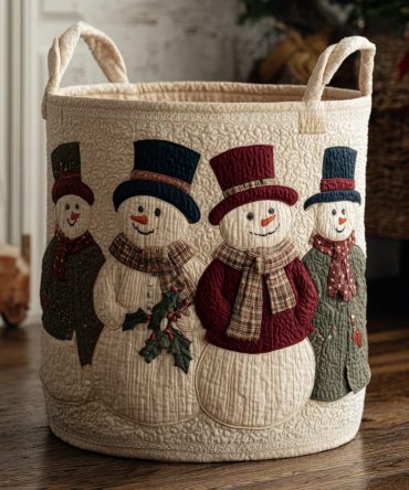Cheerful Snowman Team Quilted Laundry Hamper – Holiday Fabric Laundry Basket With Handles For Decor & Gift