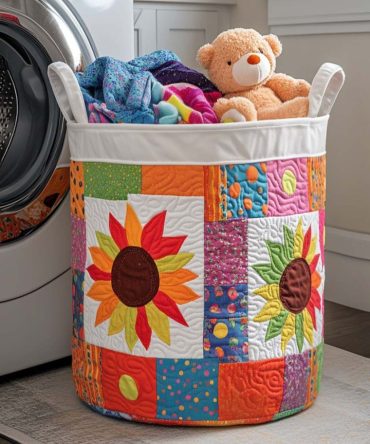 Cheerful Sunflower Quilted Laundry Hamper — Bright Sunflower Print Fabric Bin With Handles, Foldable Decorative Organizer For Home
