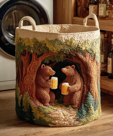 Cheers Bear Quilted Laundry Hamper — Cheerful Bear-Themed Fabric Basket, Foldable Laundry Organizer With Carry Handles