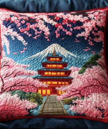 Cherry Blooms Path Quilted Pillow Cover — Serene Blossom Trail Decorative Pillowcase For Spring, Bedroom & Living Room
