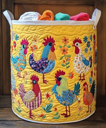 Chic Chickens Quilted Laundry Hamper — Decorative Foldable Basket, Quilted Cotton, Portable Handles & Easy Maintenance