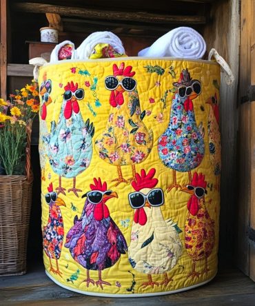 Chick-A-Boom Quilted Laundry Hamper - Bold Chicken Print Collapsible Fabric Basket With Handles & Lined Interior For Bright, Functional Storage