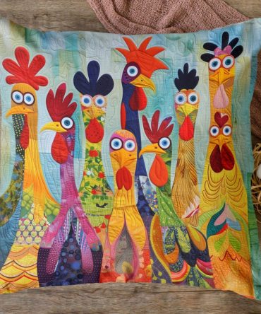Vibrant Village Chicken Quilted Pillow Cover — Colorful Farmhouse Throw Pillowcase With Village Scene, Eye-Catching Accent For Home