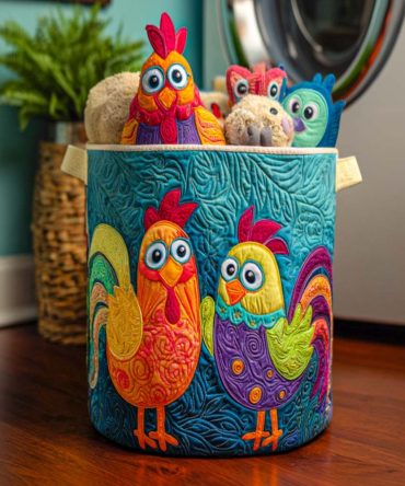 Chicken Bliss Quilted Laundry Hamper - Cozy Foldable Fabric Basket With Handles , Cute Durable Organizer For Bedroom & Laundry