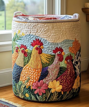 Chicken Bloom Quilted Foldable Laundry Hamper — Whimsical Farmhouse Decorative Basket, Lightweight, Durable & Washable