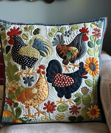 Chicken Chat Quilted Pillow Cover — Playful Farmhouse Decorative Pillowcase With Stitched Bird Motif, Durable Cotton-Blend, Cozy Living Room Accent
