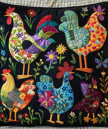 Chicken Cheer Quilted Pillow Cover — Bright Farmhouse Chicken Throw, Soft Quilted Decorative Cushion Case, Easy Care