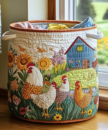 Chicken Farm Quilted Laundry Hamper — Country Farmyard Print Foldable Laundry Basket, Rustic Decorative Home Storage Solution