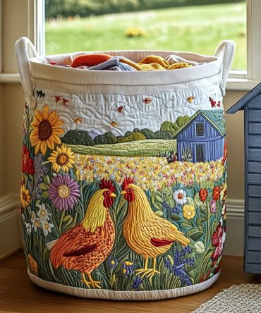 Country Chicken Quilted Laundry Hamper — Foldable Rustic Fabric Basket For Laundry, Bedroom & Kids Room With Carry Handles