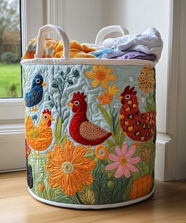 Chicken Garden Quilted Fabric Hamper – Charming Collapsible Laundry Basket With Farmhouse Print, Durable Handles & Easy-Care Design For Home