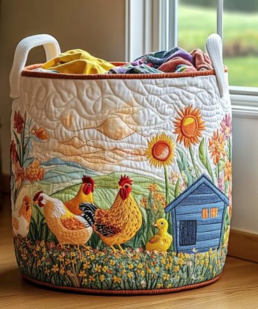 Country Quilted Laundry Hamper - Chicken Meadow Pattern , Farmhouse Style Collapsible Laundry Basket With Durable Handles For Mudroom