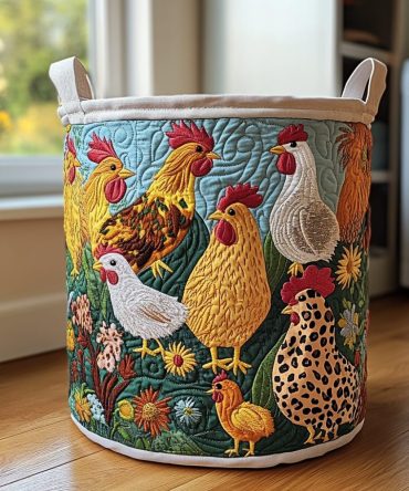 Chicken Parade Quilted Laundry Hamper — Decorative Foldable Animal Print Laundry Basket With Handles For Kids & Laundry Room