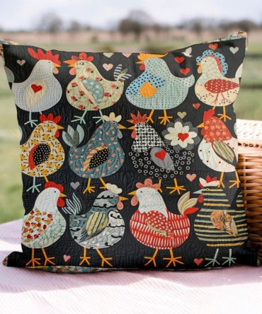 Chicken Paradise Quilted Pillow Cover — Colorful Barnyard Throw For Farmhouse Couch & Porch, Lightweight Quilted Accent Pillowcase