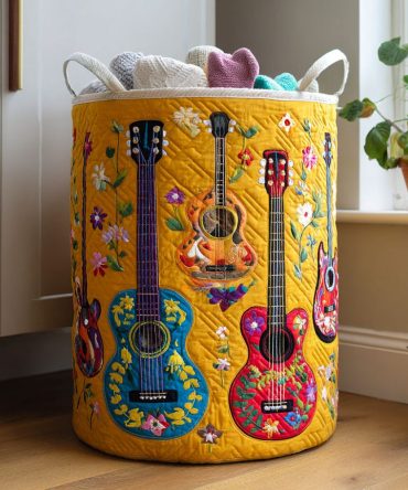 Handcrafted Quilted Laundry Hamper With Vintage Music Motif — Collapsible Durable Laundry Basket For Bedroom, Nursery & Cottage Decor