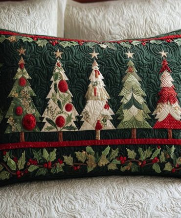 Christmas Forest Quilted Pillow Cover — Evergreen Holiday Decorative Pillowcase With Festive Tree Print, Soft Stitched Accent, Easy Care
