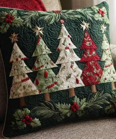 Christmas Forest Quilted Throw Pillow Cover — Festive Woodland Decorative Cushion Case For Holiday Living Room & Mantel