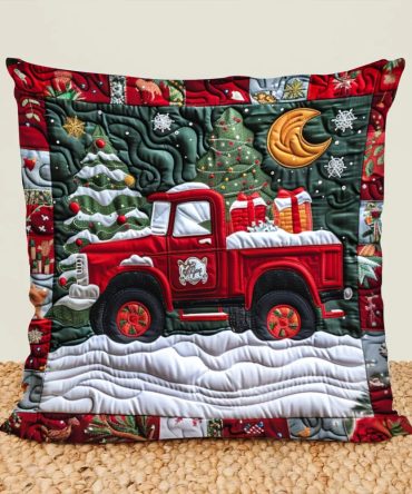 Vintage Christmas Truck Quilted Throw Pillow Cover – Festive Holiday Truck With Tree Decorative Cushion For Seasonal Decor