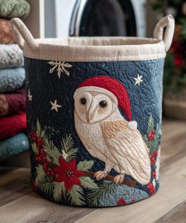 Christmas Barn Owl Quilted Laundry Hamper — Rustic Holiday Quilted Laundry Basket With Barn Owl Motif, Reinforced Handles & Collapsible Storage