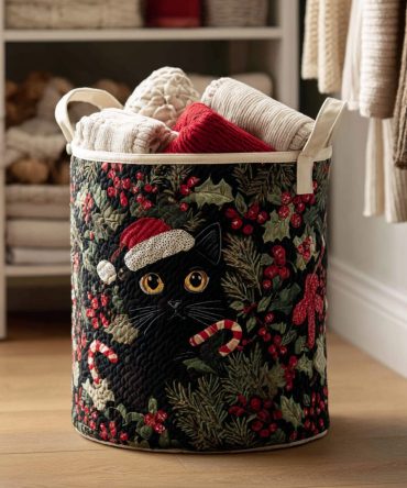 Festive Christmas Black Cat Quilted Laundry Hamper — Holiday-Themed Decorative Fabric Basket For Gifts, Stocking Storage & Seasonal Decor — Foldable