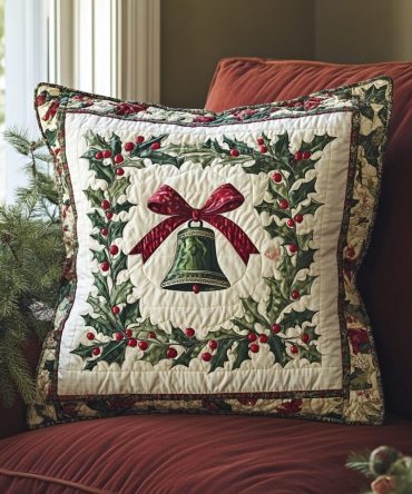 Christmas Chime Quilted Pillow Cover — Melodic Bell Pattern Holiday Throw Pillowcase, Decorative Quilted Accent For Seasonal Styling