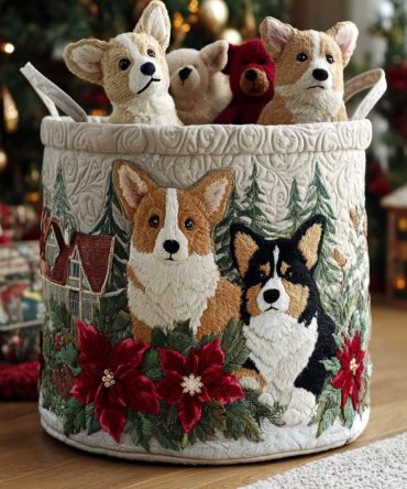 Christmas Corgi Joy Quilted Hamper — Festive Holiday Laundry Basket, Cute Dog Pattern Storage Basket For Gifts & Seasonal Decor
