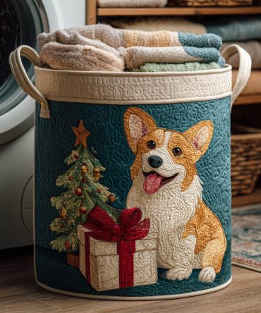 Christmas Corgi Quilted Hamper — Festive Corgi Holiday Laundry Basket, Quilted Decorative Storage With Reinforced Base & Handles