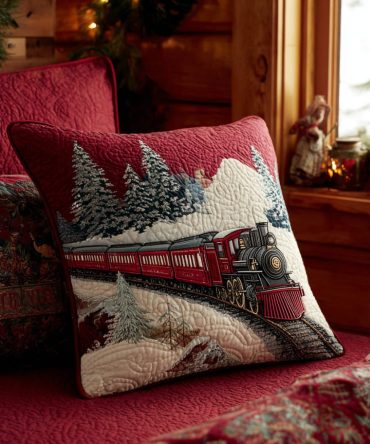 Christmas Express Quilted Pillow Cover — Festive Train Motif Throw Case For Holiday Mantels, Sofas & Gift Giving