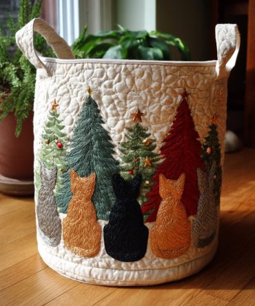Christmas Forest Cats Quilted Laundry Hamper — Festive Holiday Cat-Print Collapsible Fabric Basket For Seasonal Decor