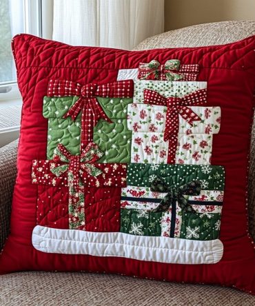 Christmas Gift Quilted Pillow Cover — Festive Present-Themed Throw Pillowcase For Holiday Gifting & Cozy Home Decor