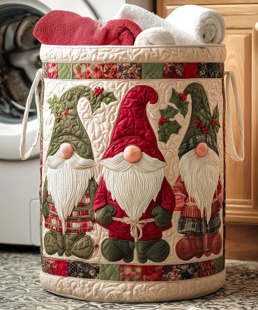 Festive Gnome Laundry Hamper - Quilted Christmas Clothes Organizer With Carry Handles, Large Durable Holiday Storage
