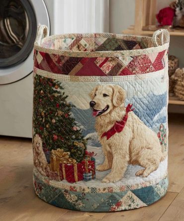 Christmas Golden Retriever Quilted Laundry Hamper - Holiday Foldable Fabric Basket With Comfortable Handles For Jolly Home Storage