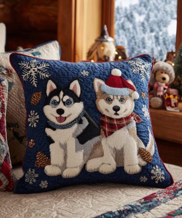 Christmas Husky Night Quilted Pillow Cover — Scenic Winter Dog Accent For Sofa & Bed, Durable Cotton-Blend, Machine-Washable