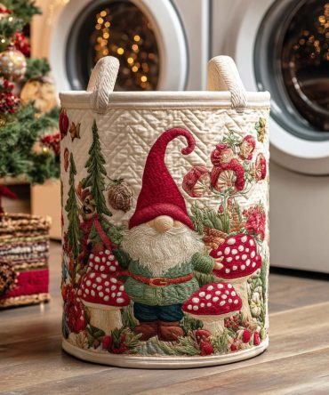Holiday Mushroom Grove Quilted Laundry Hamper - Festive Foldable Fabric Storage Basket With Sturdy Handles For Clothes & Toys