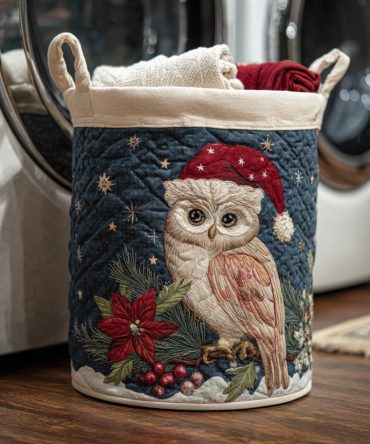Christmas Night Owl Quilted Laundry Hamper — Festive Quilted Cotton Laundry Basket With Cozy Winter Print, Strong Handles & Foldable Design