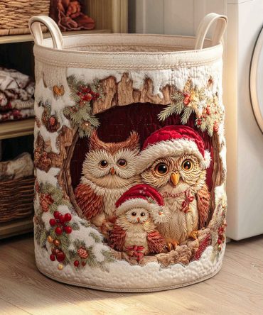 Festive Owl Quilted Laundry Hamper For Holiday Decor — Large Foldable Fabric Laundry Basket With Reinforced Handles & Water-Resistant Liner