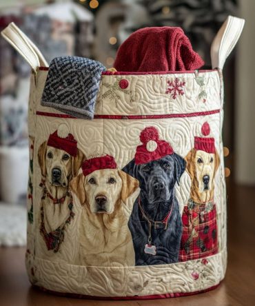 Christmas Pup Magic Quilted Laundry Hamper — Holiday Puppy Print Foldable Laundry Basket, Decorative Seasonal Storage & Gift