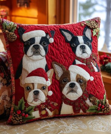 Christmas Puppy Parade Quilted Pillow Cover — Cute Holiday Dog Print Decorative Throw For Pet Lovers, Soft Quilted Accent For Couch