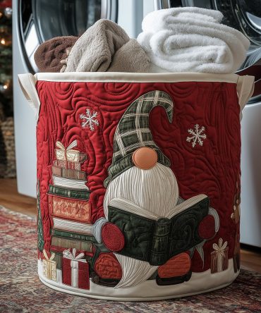 Christmas Reader Quilted Laundry Basket – Festive Holiday Booklover Print Fabric Hamper, Foldable Sturdy Laundry Storage & Gift Idea