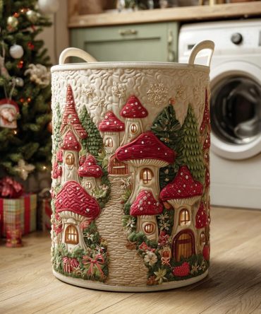 Holiday Mushroom Village Quilted Laundry Hamper - Festive Shroom Print Storage Basket, Collapsible Waterproof Gift